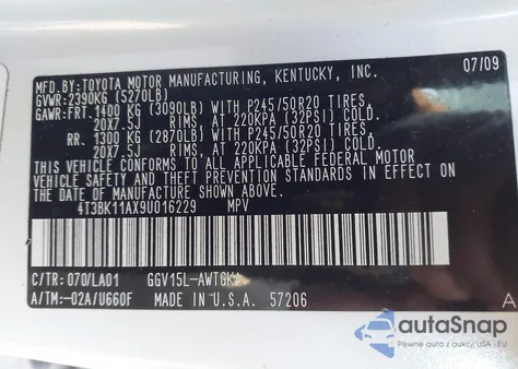 2009 Toyota Venza Base V6 from USA, damaged, VIN 4T3BK11AX9U016229